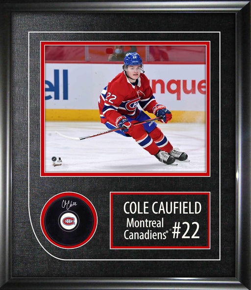 Cole Caufield Signed Framed Montreal Canadiens Puck with Photo - Frameworth Sports Canada 