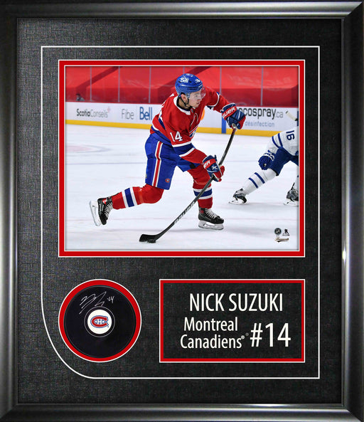 Nick Suzuki Signed Framed Montreal Canadiens Puck with Photo - Frameworth Sports Canada 