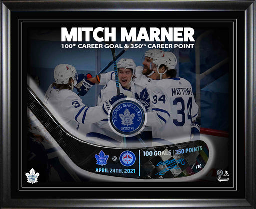 Mitch Marner Toronto Maple Leafs Signed PhotoGlass Framed Stickblade & Puck 100th Goal LE/16 - Frameworth Sports Canada 