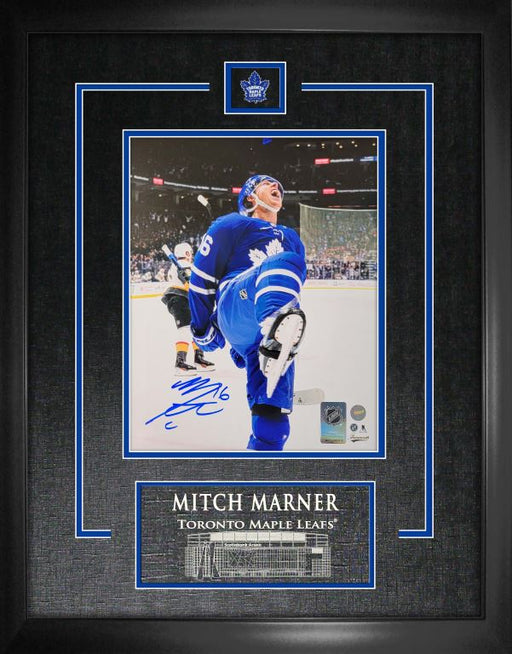 Mitch Marner Toronto Maple Leafs Signed Framed 8x10 Leg Kick Goal Celebration Vertical Photo - Frameworth Sports Canada 
