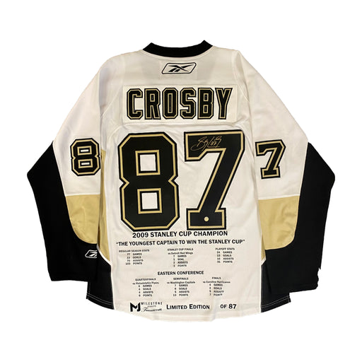 Sidney Crosby Signed Pittsburgh Penguins White Reebok 2009 Stanley Cup Milestone Jersey LE/87 - Frameworth Sports Canada 