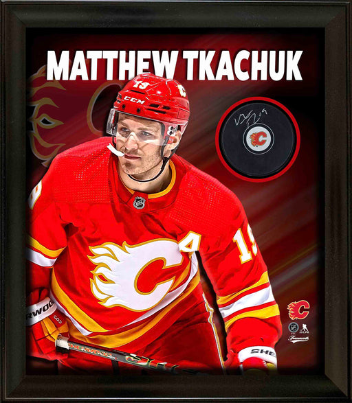 Matthew Tkachuk Signed Framed Calgary Flames Puck - Frameworth Sports Canada 