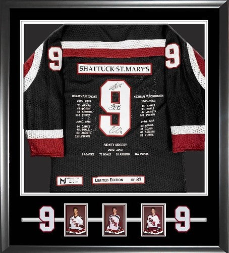Sidney Crosby, Nathan MacKinnon, and Jonathan Toews Signed Framed Shattuck St Mary's Black Milestone Jersey LE/87 - Frameworth Sports Canada 