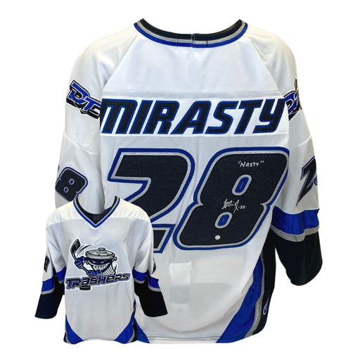 Jon Mirasty Signed Danbury Trashers White Game Model Jersey with "Nasty" inscription - Frameworth Sports Canada 